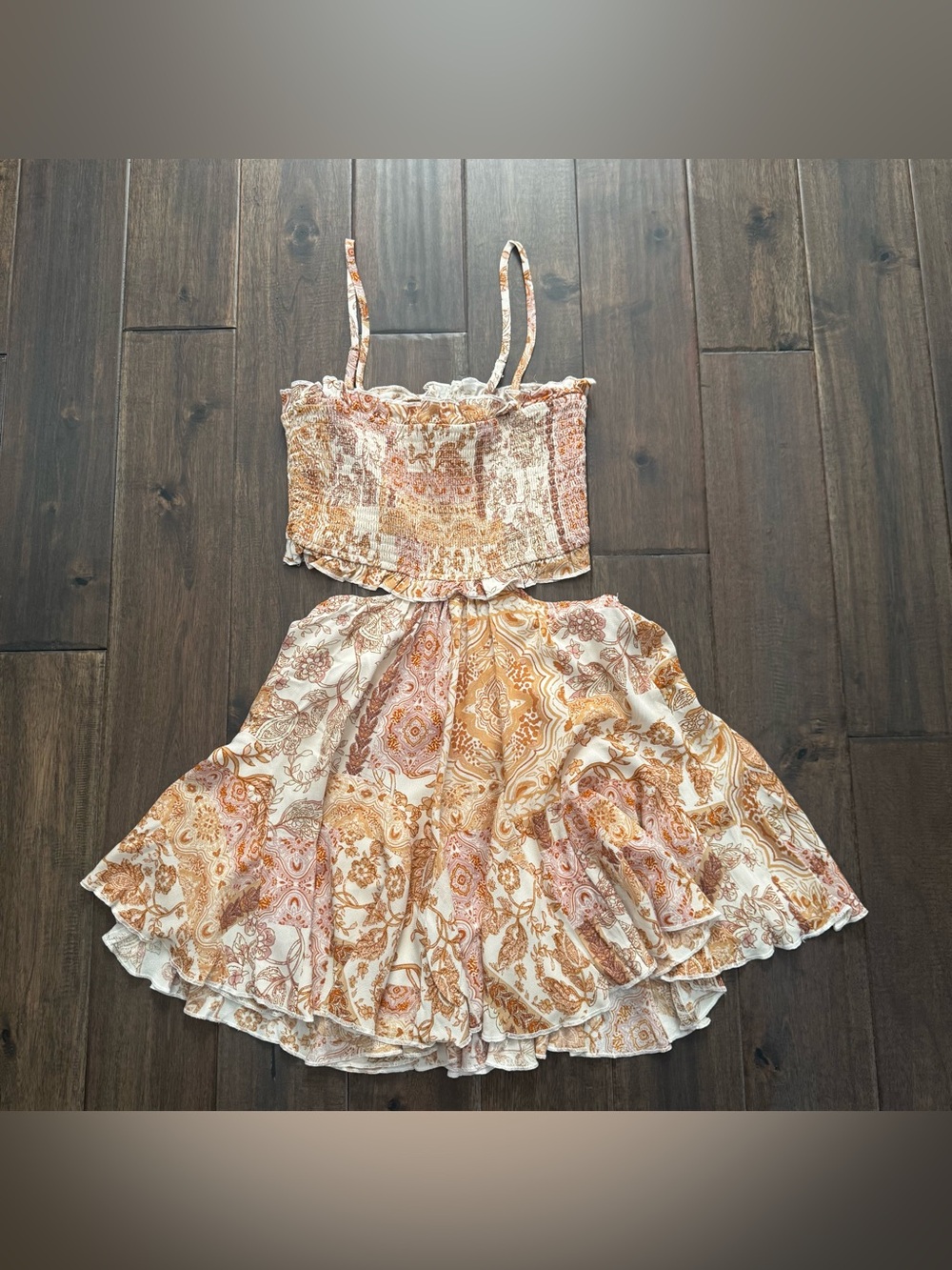 Sky to Moon Boho Paisley Smocked Crop Cutout Flare Dress M